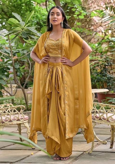 Yellow Embroidered Handwork Fusion Set