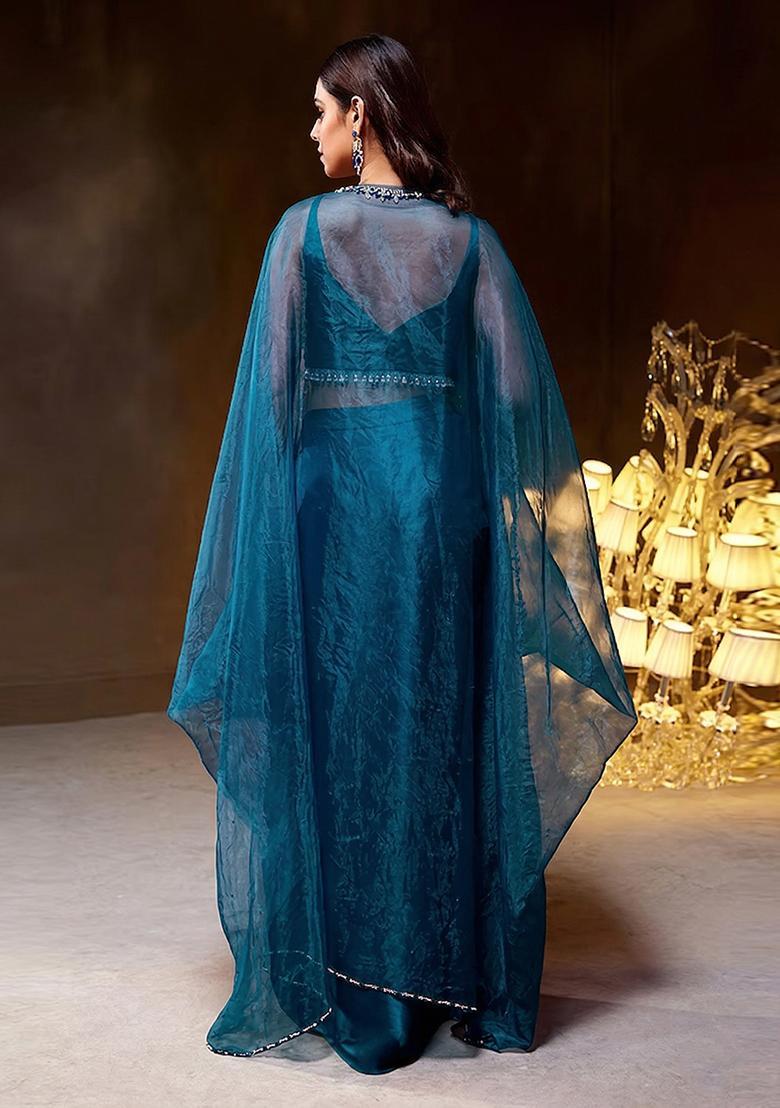 Blue Embroidered Handwork Fusion Set - Indya