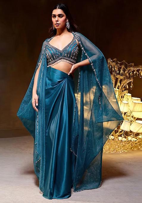 Blue Embroidered Handwork Fusion Set