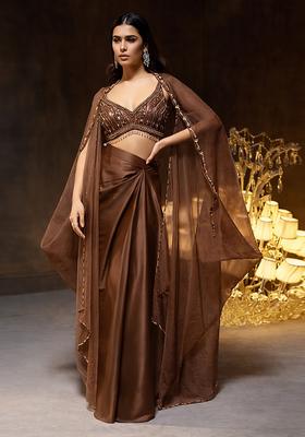 Brown Embroidered Handwork Fusion Set