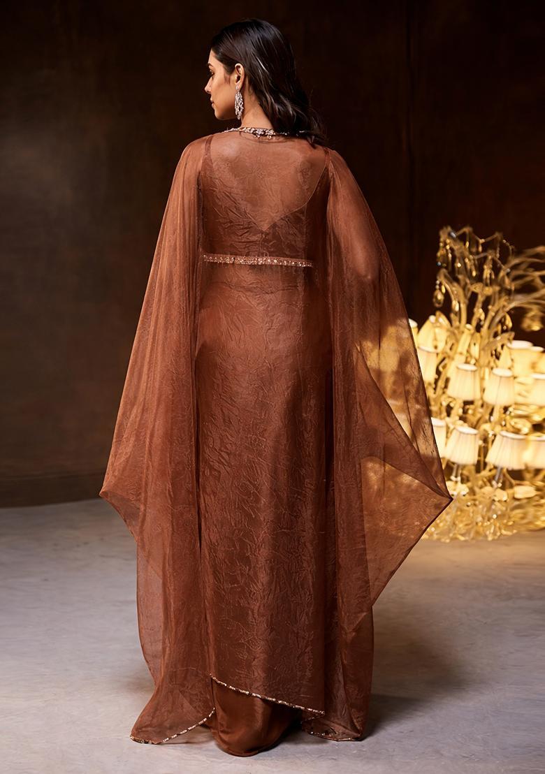 Brown Embroidered Handwork Fusion Set - Indya