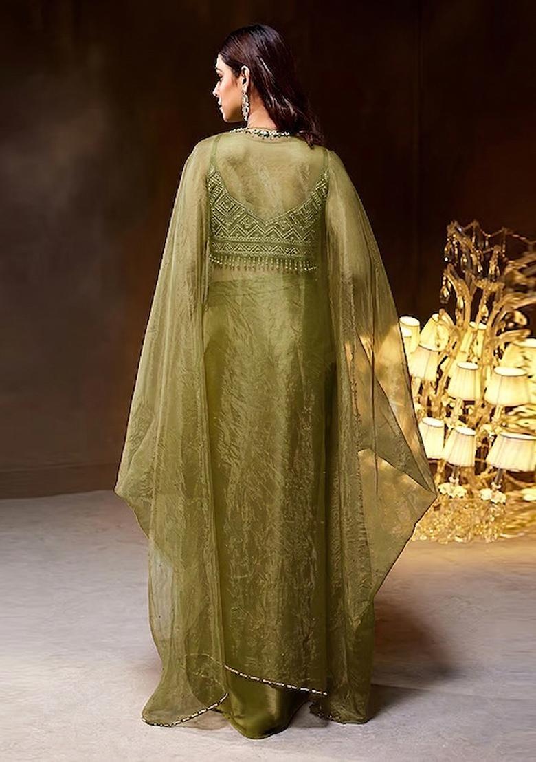 Olive Embroidered Handwork Fusion Set - Indya