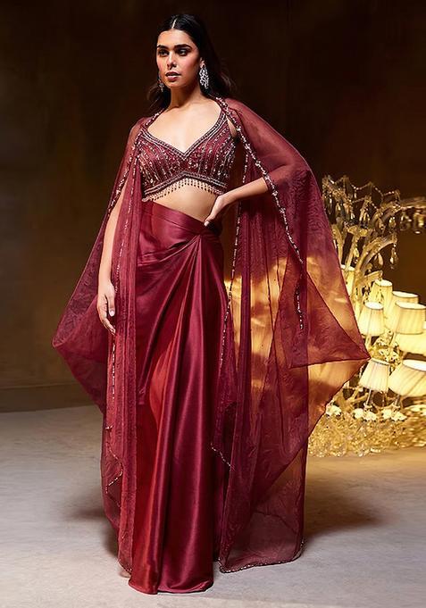 Red Embroidered Handwork Fusion Set