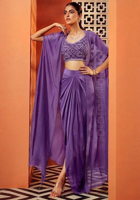 Purple Embroidered Handwork Fusion Set