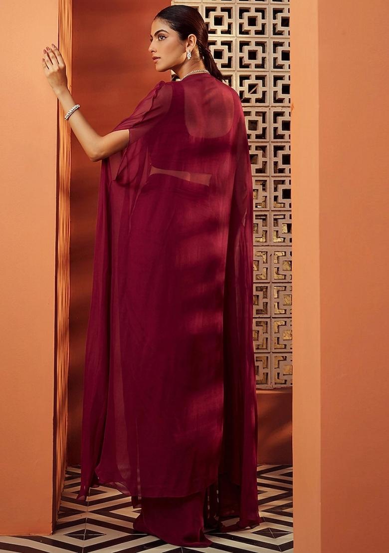 Maroon Embroidered Handwork Fusion Set - Indya