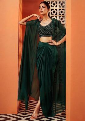 Green Embroidered Handwork Fusion Set