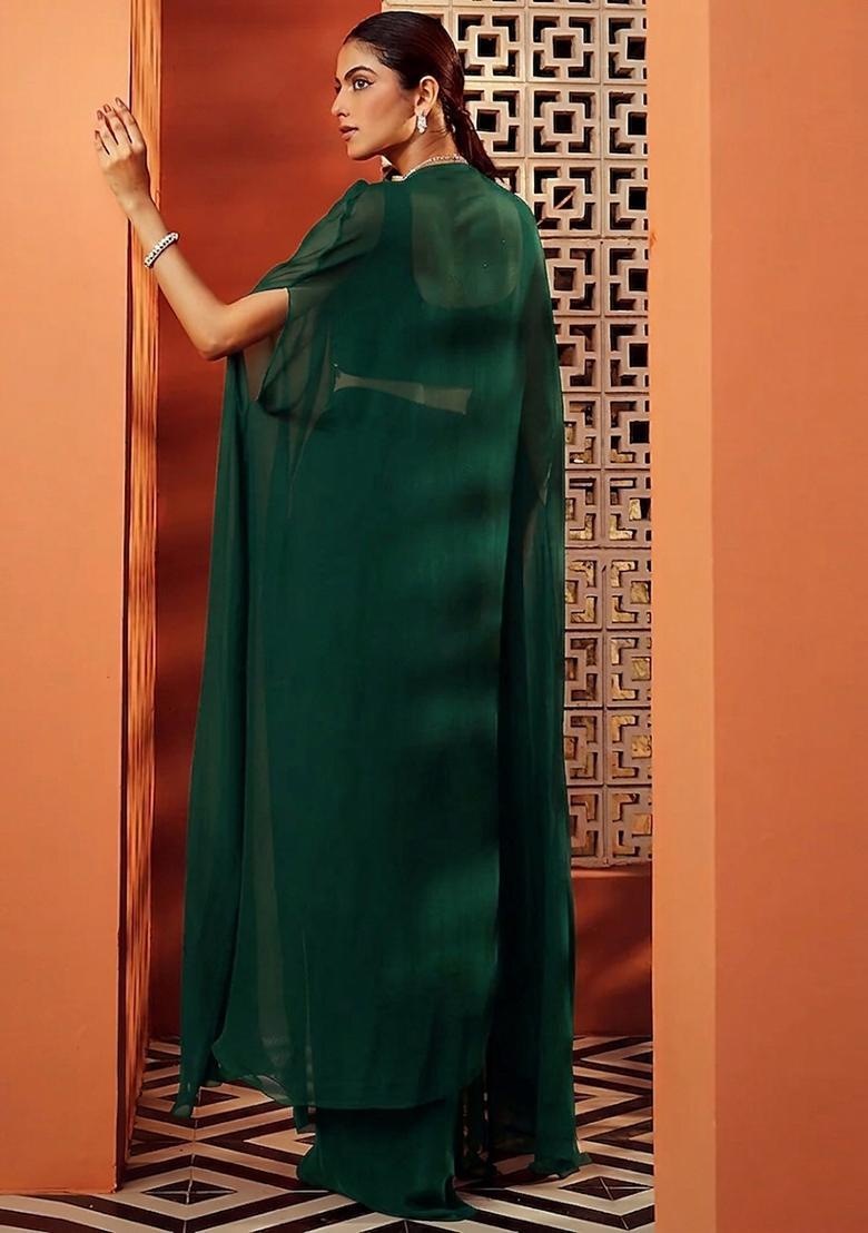 Green Embroidered Handwork Fusion Set - Indya
