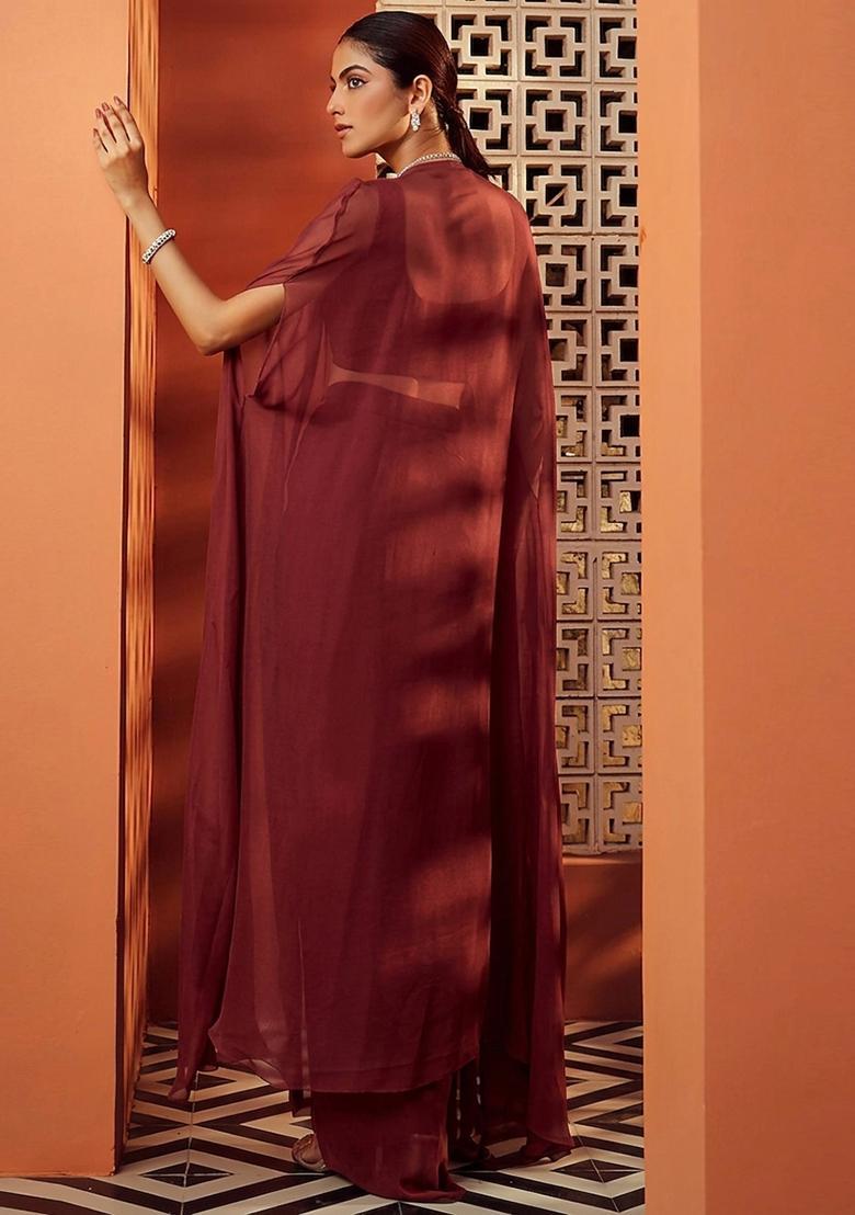 Maroon Embroidered Handwork Fusion Set - Indya