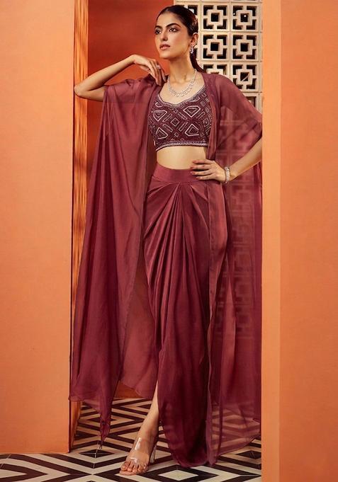 Maroon Embroidered Handwork Fusion Set