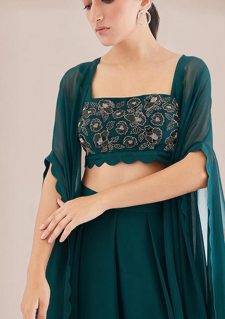 Green Embroidered Handwork Fusion Set - Indya