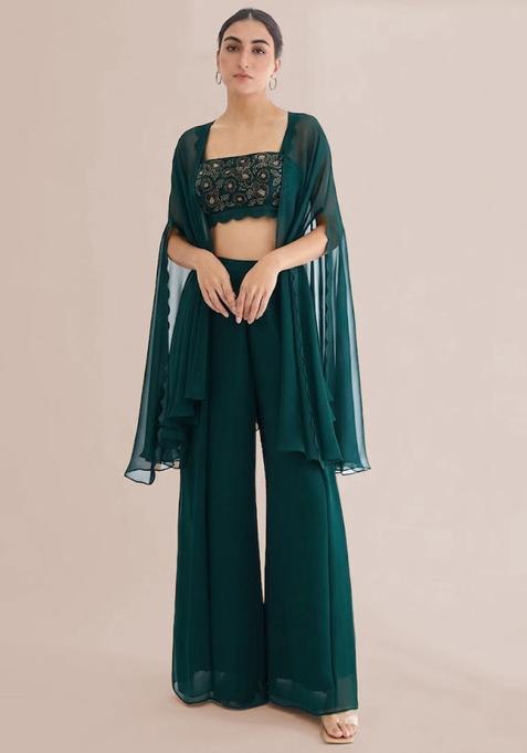 Green Embroidered Handwork Fusion Set