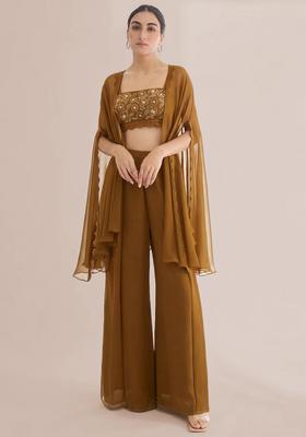 Brown Embroidered Handwork Fusion Set