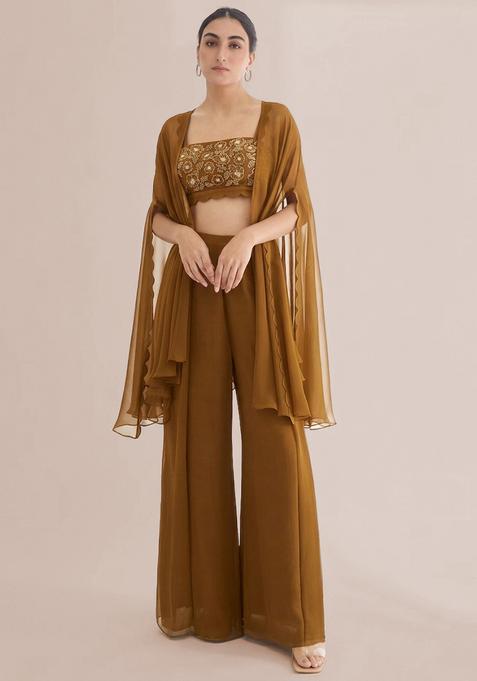 Brown Embroidered Handwork Fusion Set