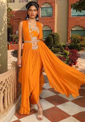 Orange Embroidered Handwork Fusion Set