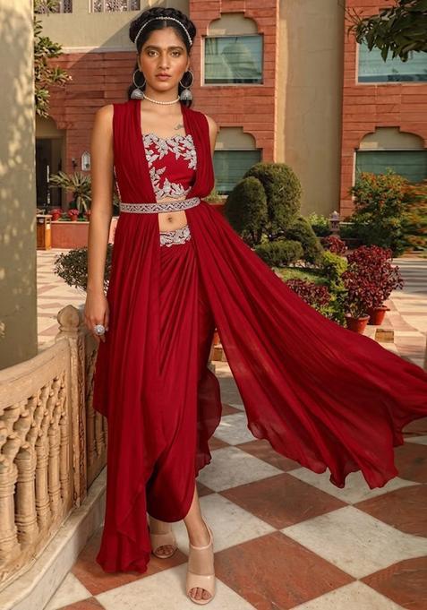 Red Embroidered Handwork Fusion Set