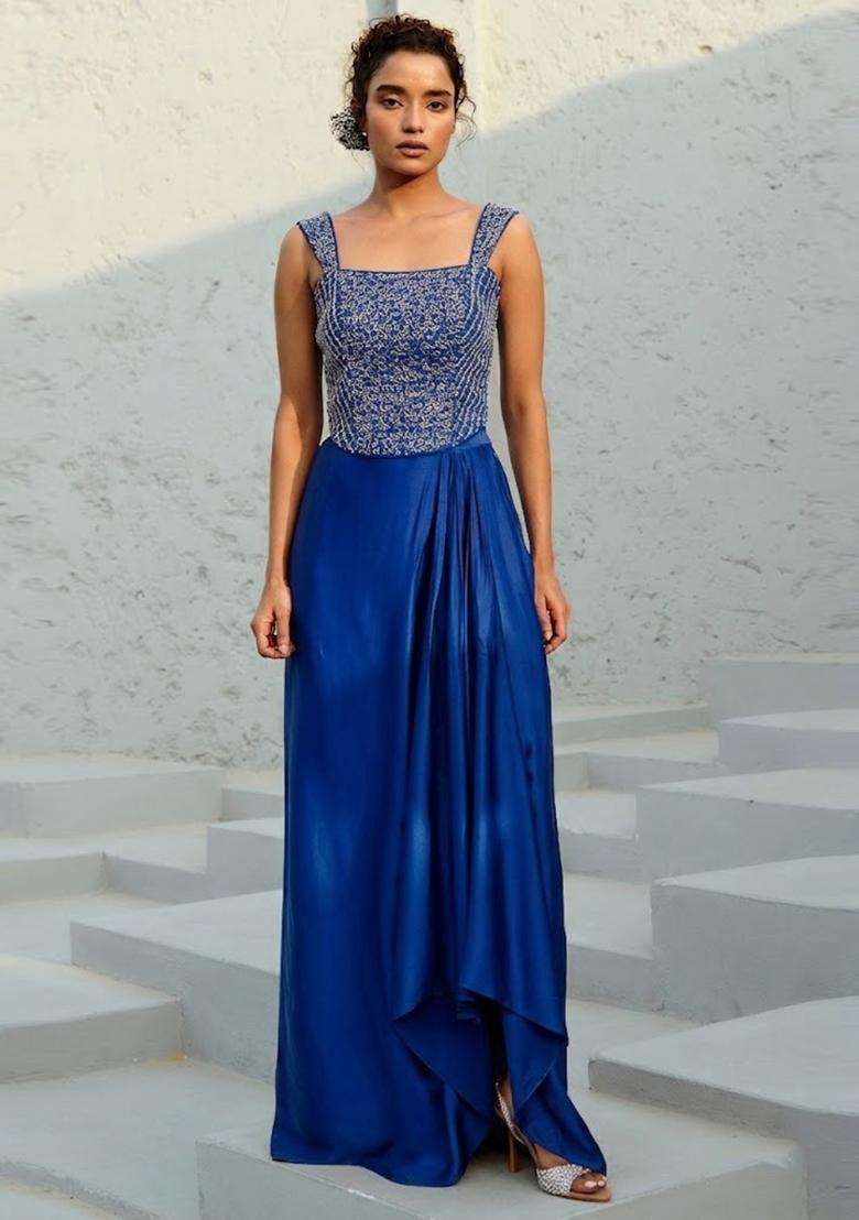 Blue Embroidered Handwork Pre Draped Saree Set - Indya