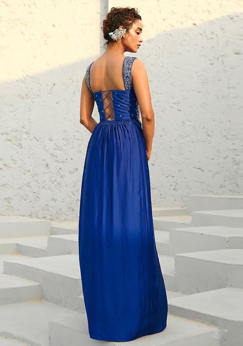 Blue Embroidered Handwork Pre Draped Saree Set - Indya