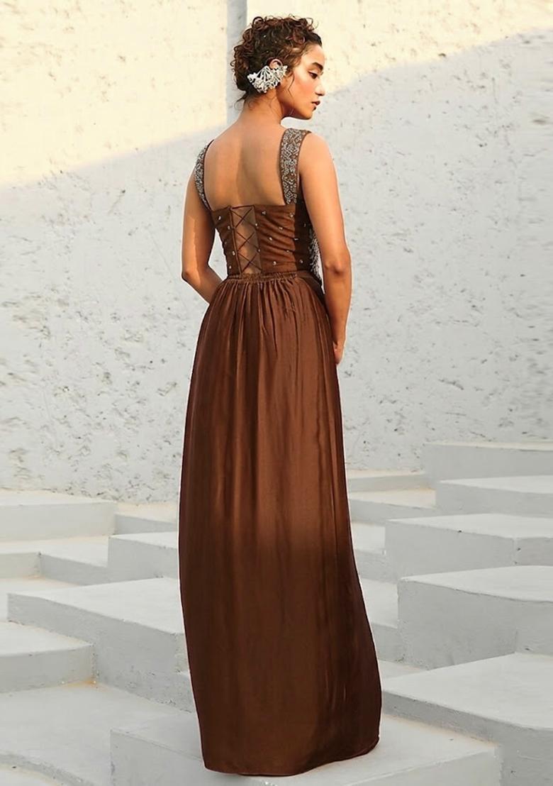 Brown Embroidered Handwork Pre Draped Saree Set - Indya
