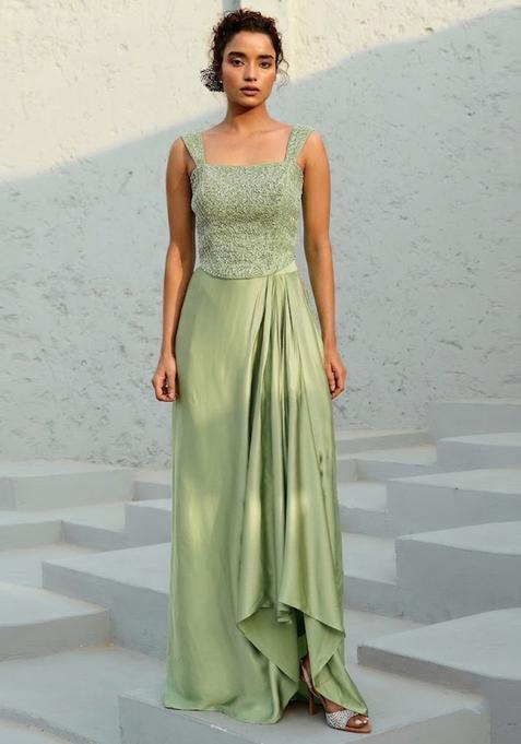 Green Embroidered Handwork Pre Draped Saree Set