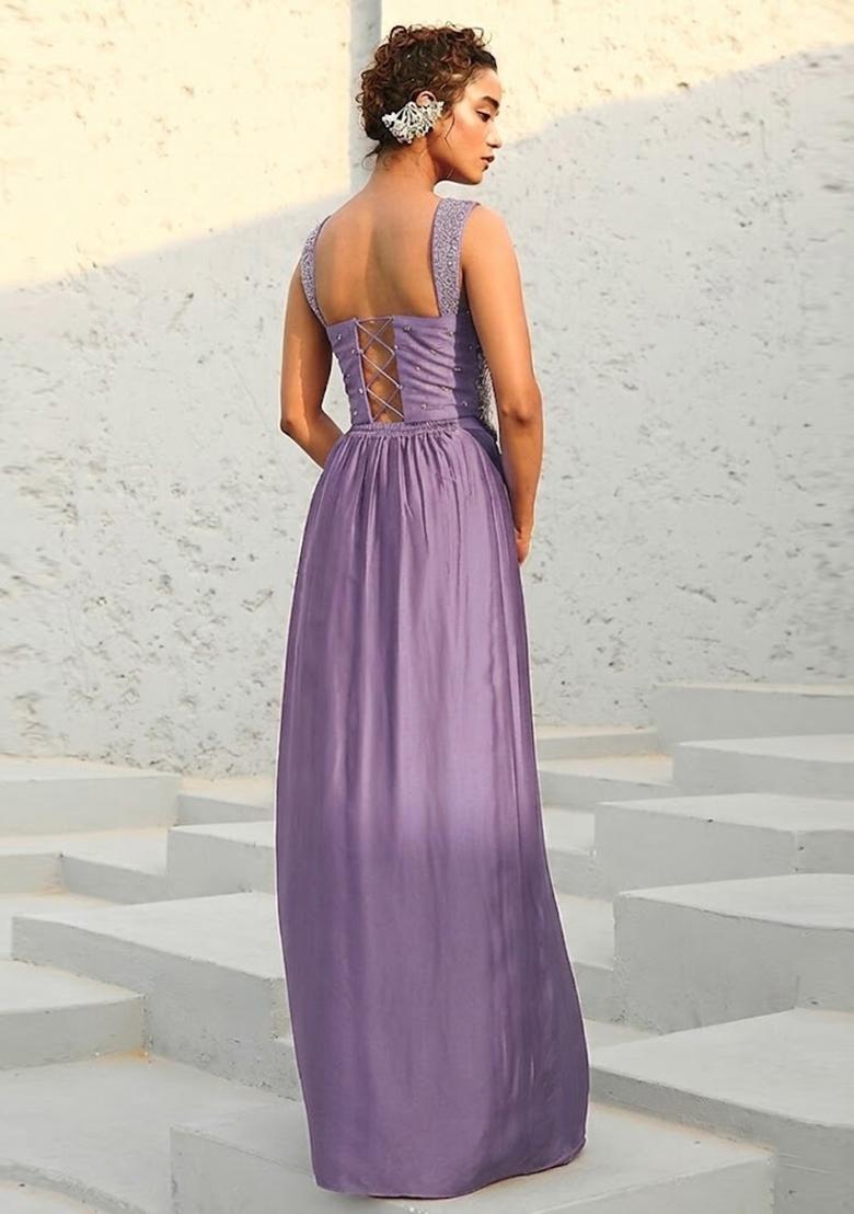 Lavender Embroidered Handwork Pre Draped Saree Set - Indya