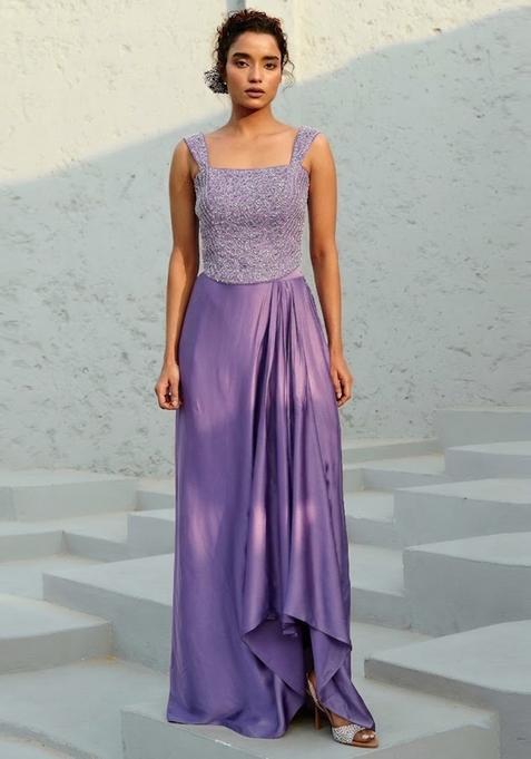 Lavender Embroidered Handwork Pre Draped Saree Set