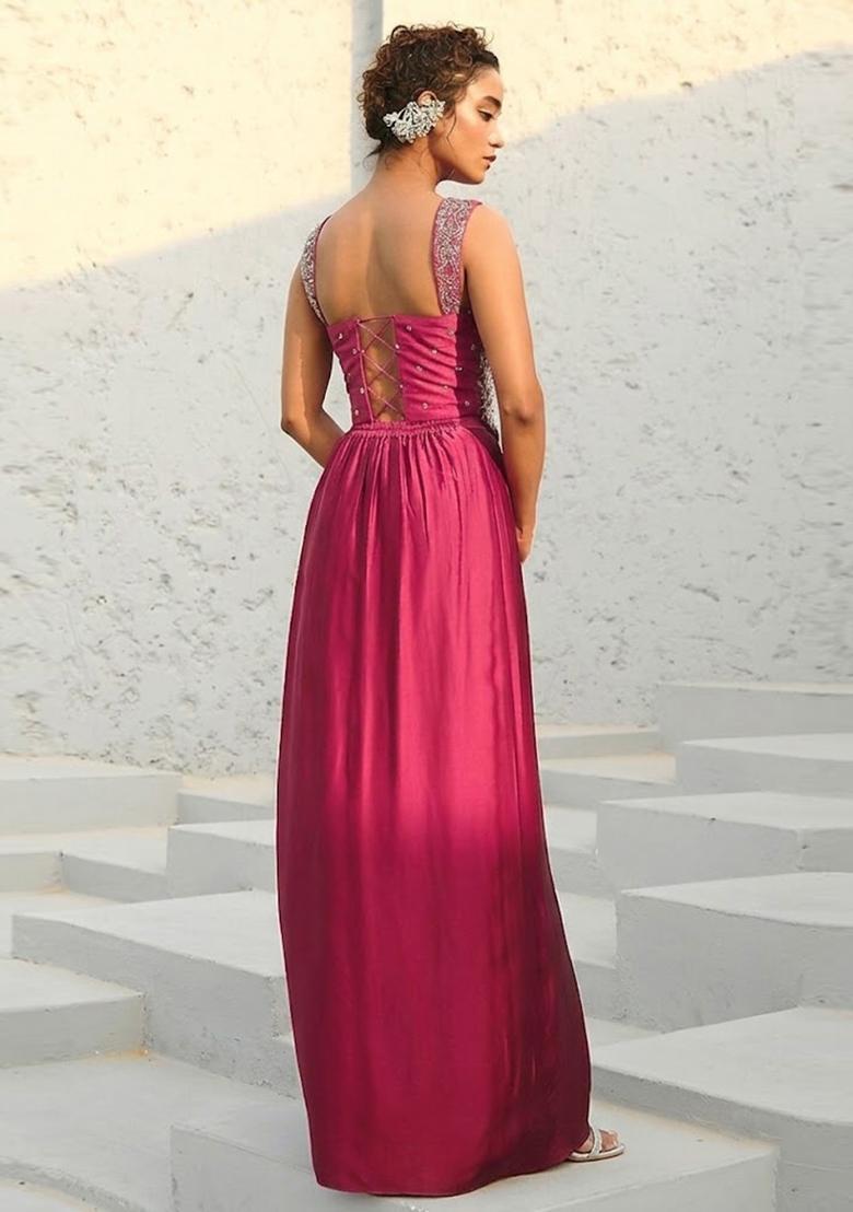 Pink Embroidered Handwork Pre Draped Saree Set - Indya