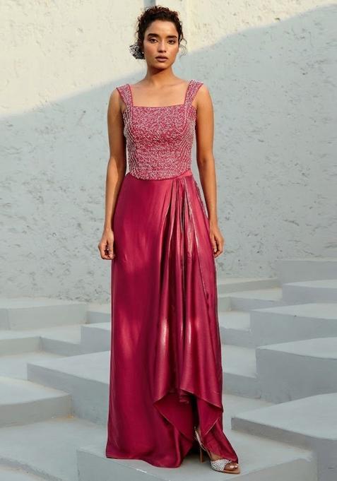 Pink Embroidered Handwork Pre Draped Saree Set