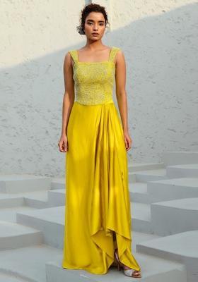 Yellow Embroidered Handwork Pre Draped Saree Set