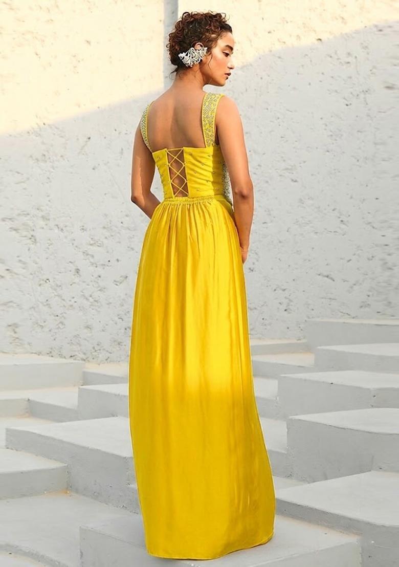 Yellow Embroidered Handwork Pre Draped Saree Set - Indya