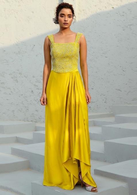 Yellow Embroidered Handwork Pre Draped Saree Set