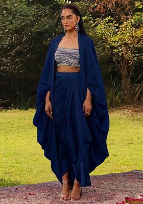 Blue Embroidered Handwork Fusion Set