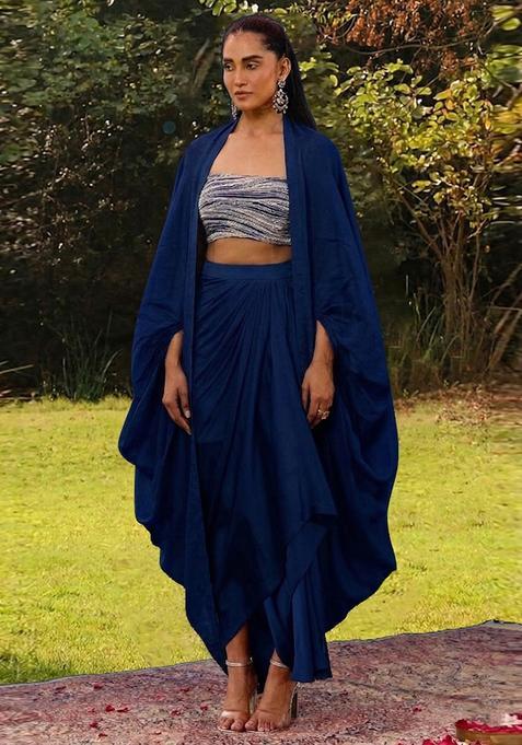 Blue Embroidered Handwork Fusion Set