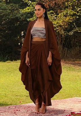 Brown Embroidered Handwork Fusion Set