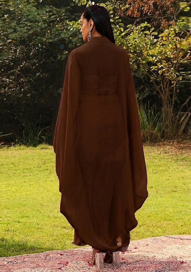 Brown Embroidered Handwork Fusion Set - Indya