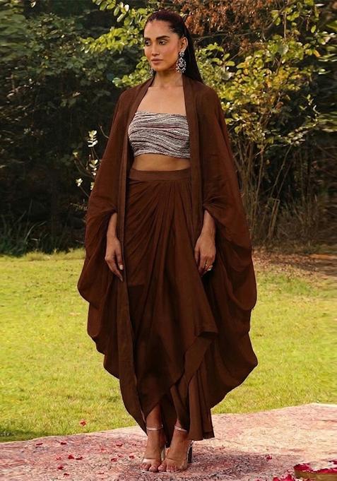 Brown Embroidered Handwork Fusion Set