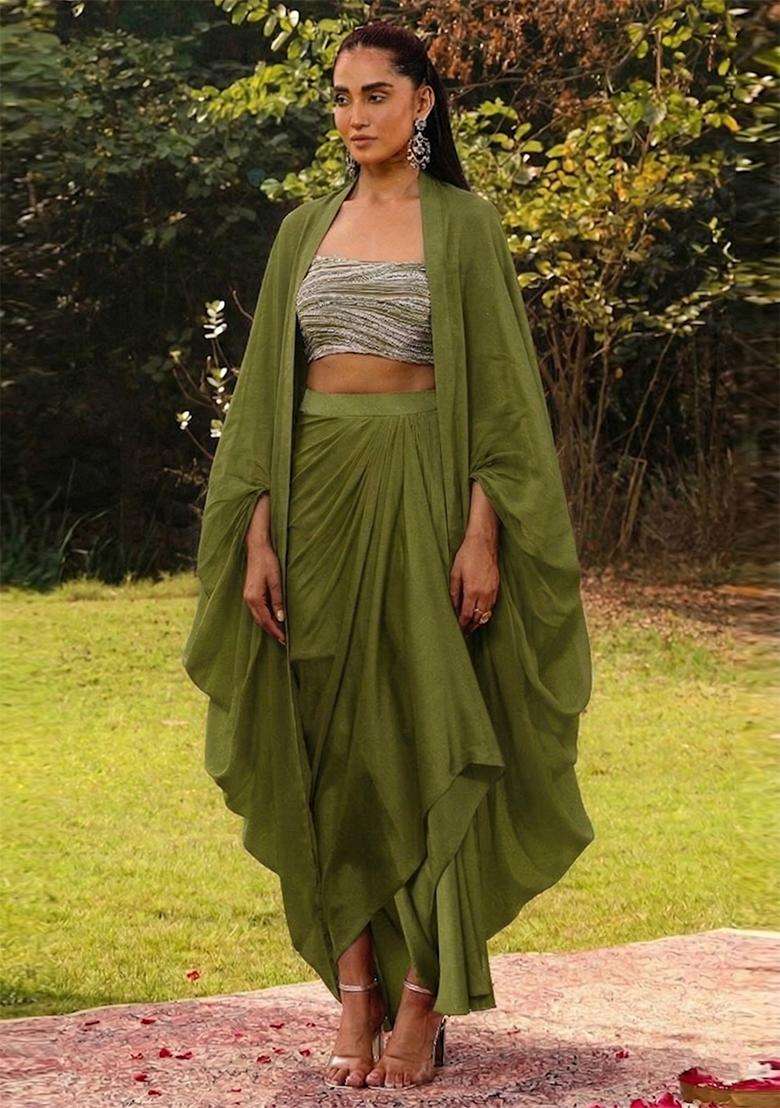 Green Embroidered Handwork Fusion Set - Indya