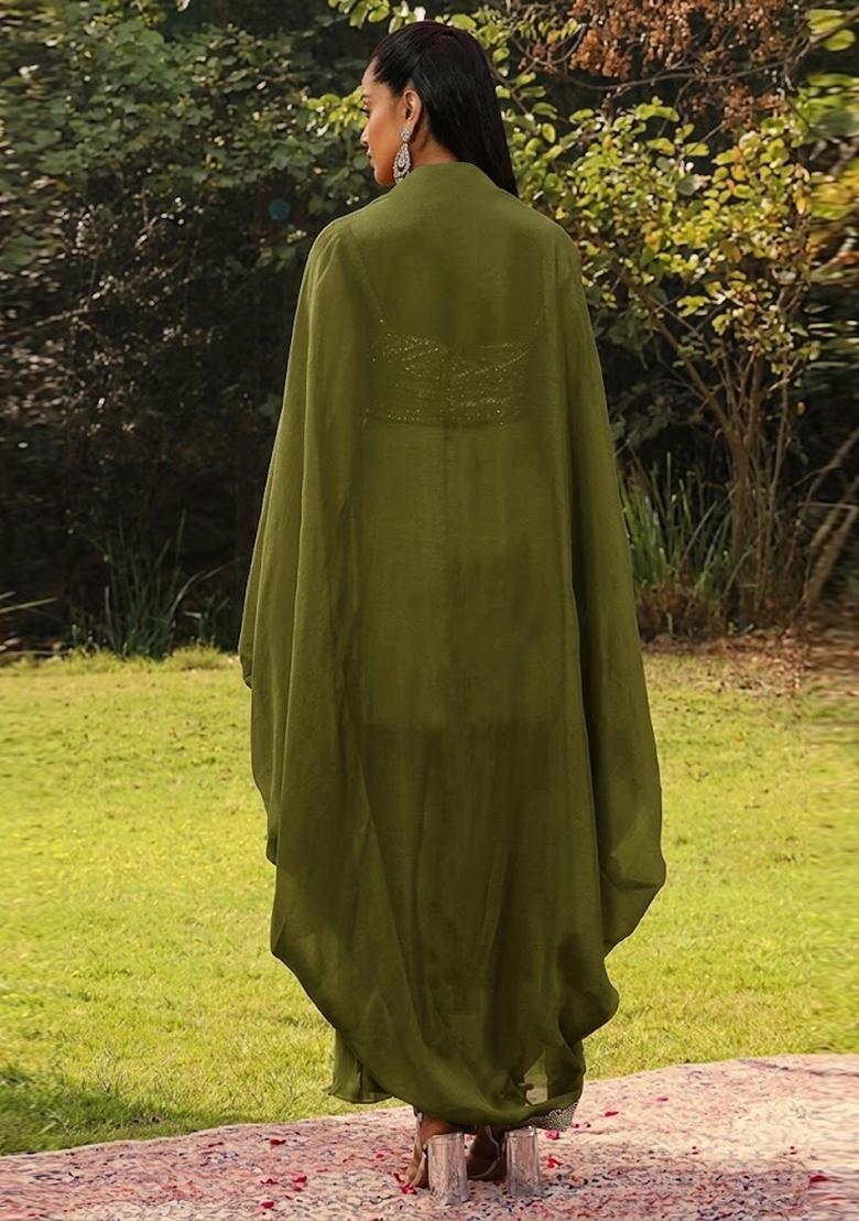 Green Embroidered Handwork Fusion Set - Indya