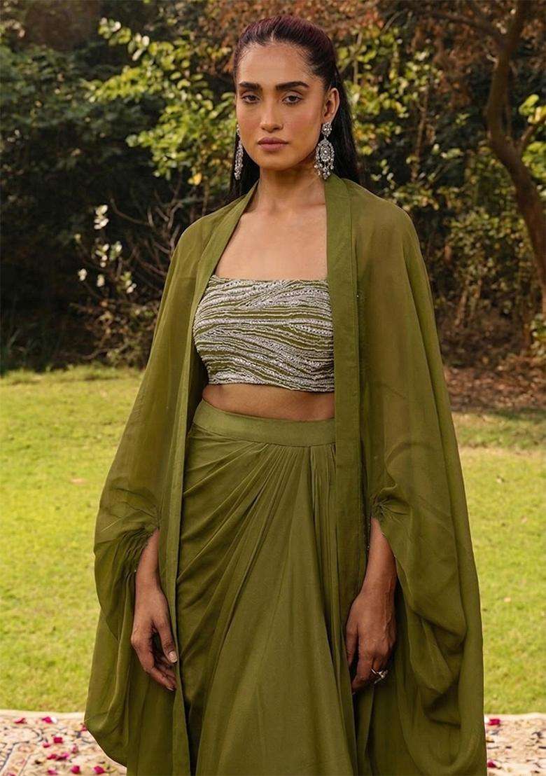 Green Embroidered Handwork Fusion Set - Indya