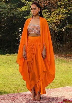 Orange Embroidered Handwork Fusion Set