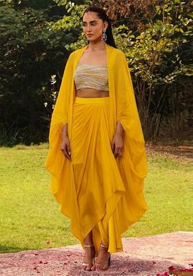 Yellow Embroidered Handwork Fusion Set