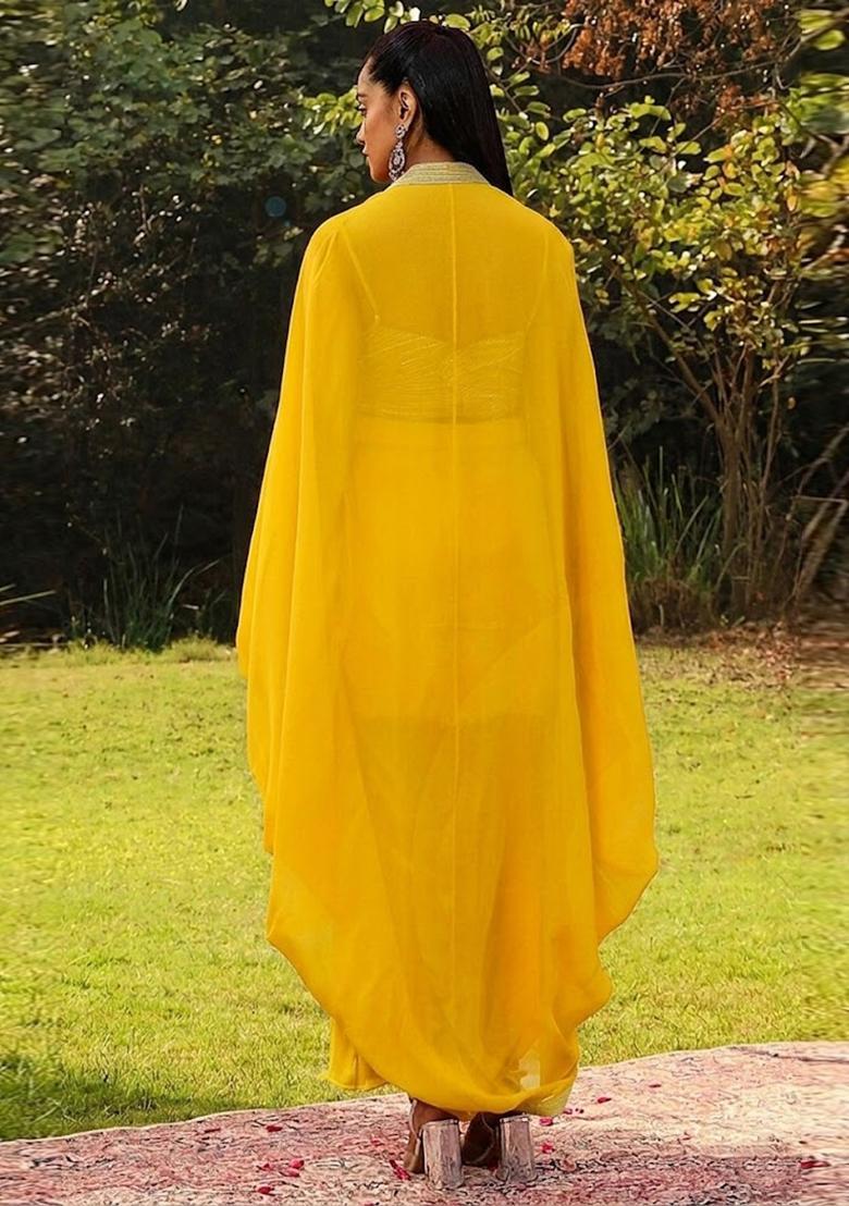 Yellow Embroidered Handwork Fusion Set - Indya