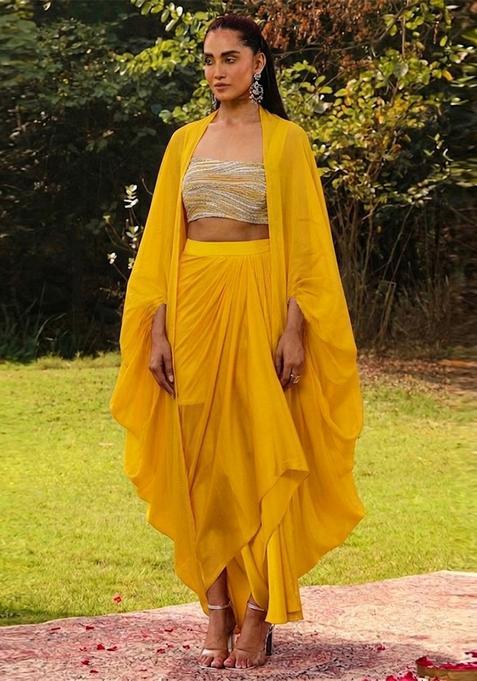 Yellow Embroidered Handwork Fusion Set