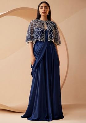 Blue Embroidered Handwork Pre Draped Saree Set