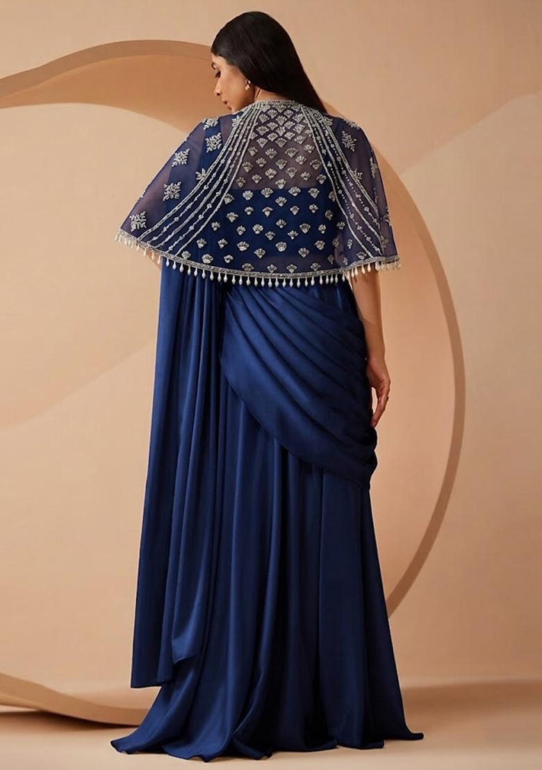 Blue Embroidered Handwork Pre Draped Saree Set - Indya