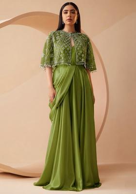 Green Embroidered Handwork Pre Draped Saree Set
