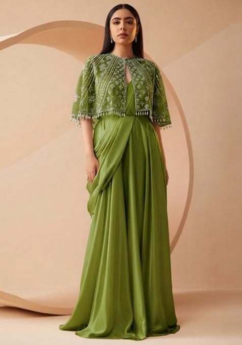 Green Embroidered Handwork Pre Draped Saree Set