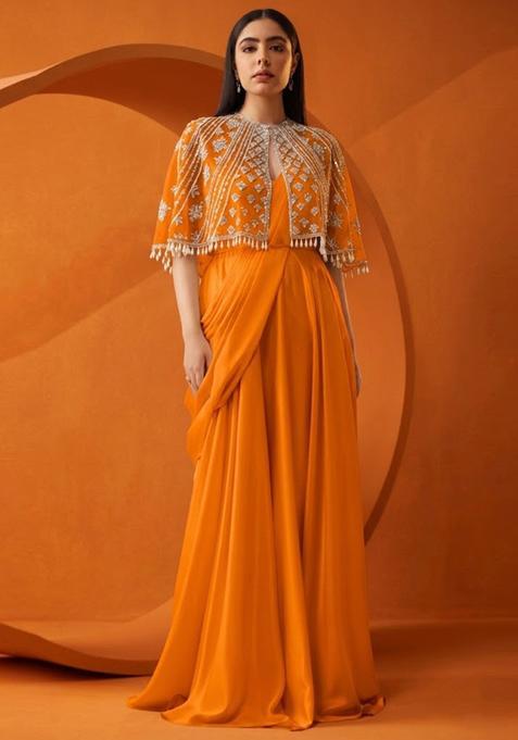 Orange Embroidered Handwork Pre Draped Saree Set