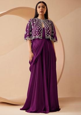Purple Embroidered Handwork Pre Draped Saree Set