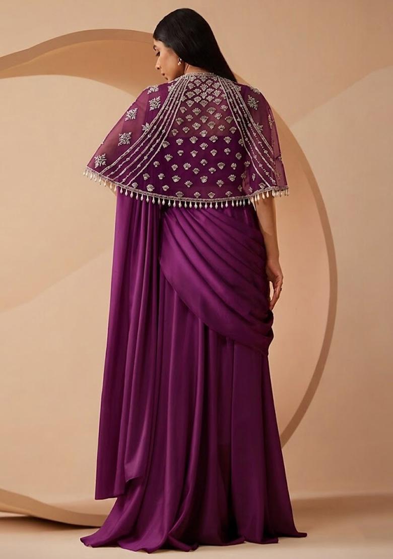 Purple Embroidered Handwork Pre Draped Saree Set - Indya