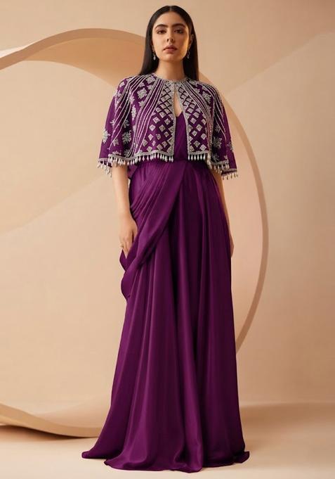 Purple Embroidered Handwork Pre Draped Saree Set